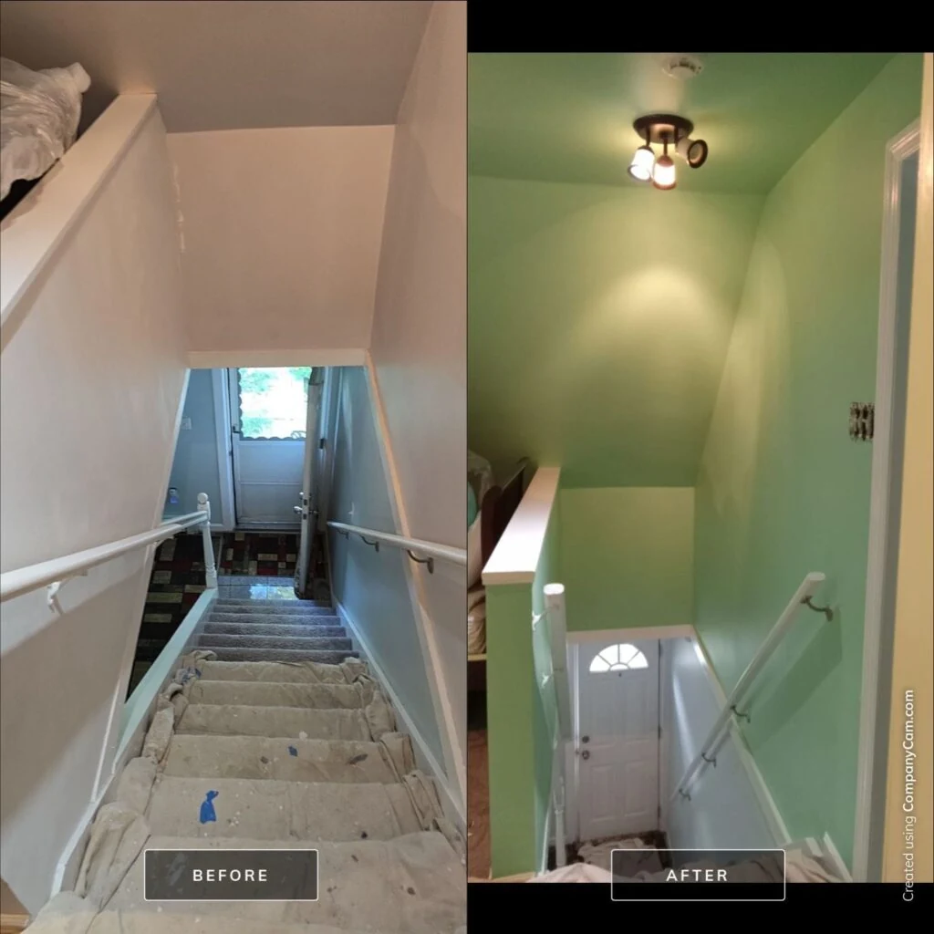 Before and after view of an interior stairwell painting project on Long Island
